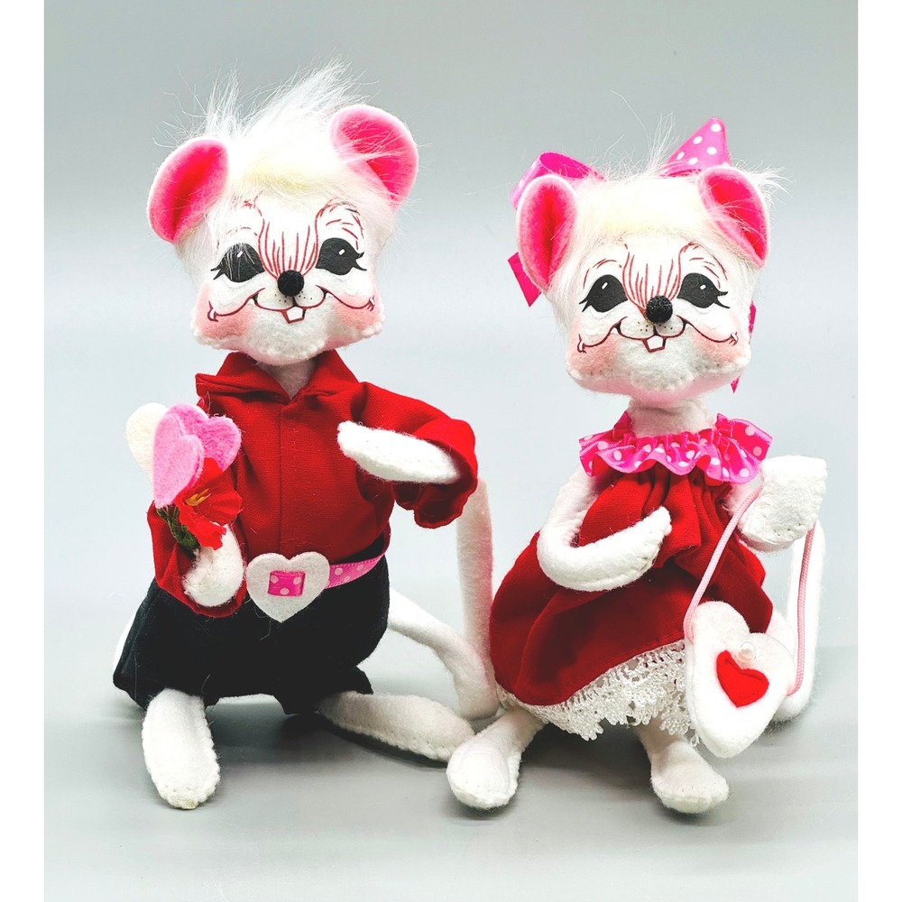 Annalee Valentine Mouse Couple Red White Felt Posable‎ Figures 2016